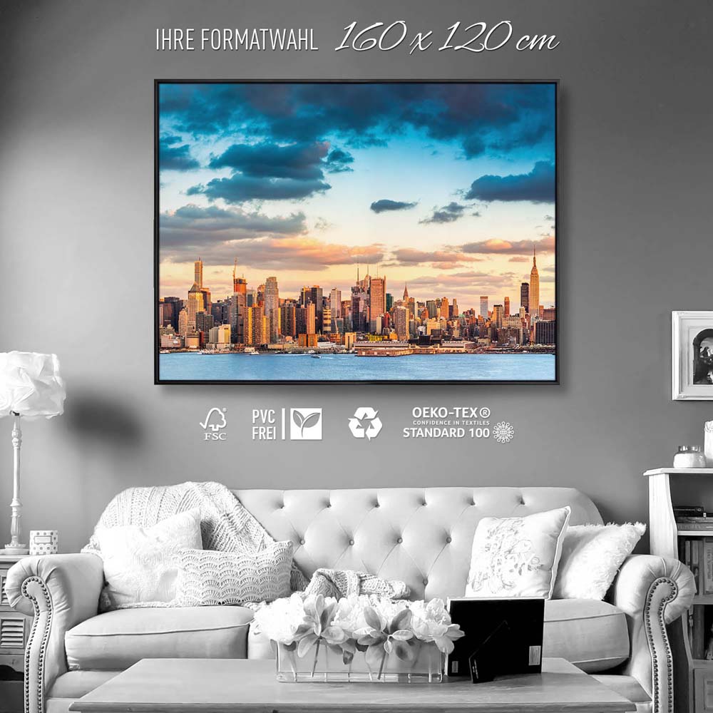 Skyline Panorama von New York im schwarzen Bilderrahmen, 160x120cm