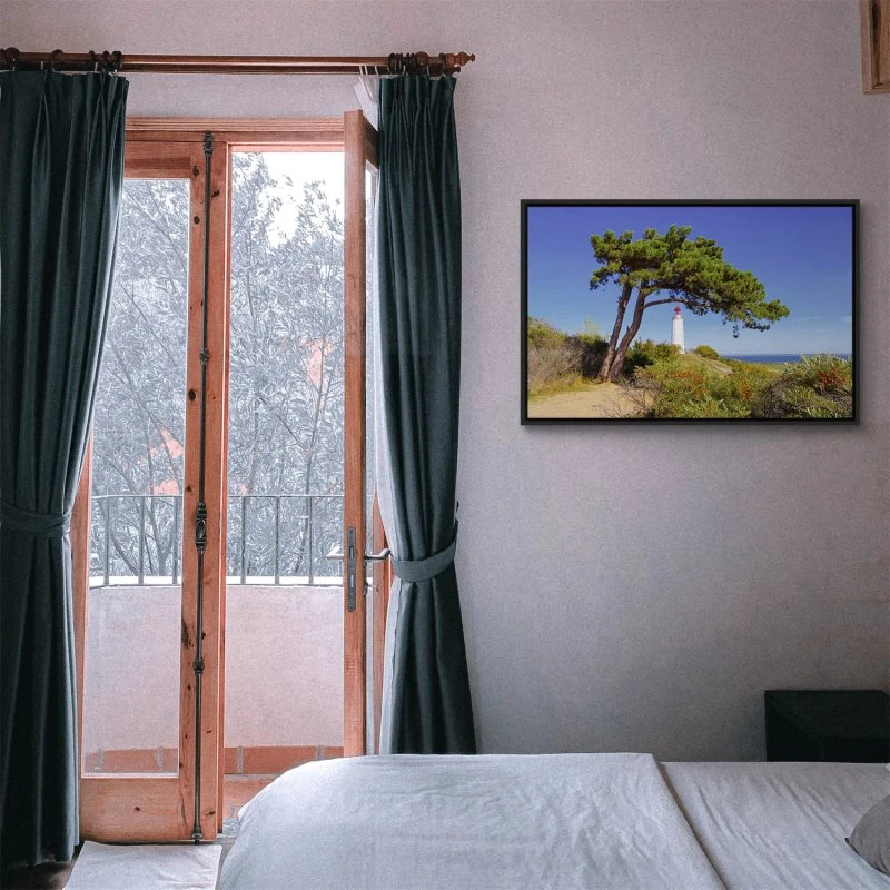Strand & Meer Leuttchtturm Hiddensee Ostsee im schwarzen Bilderrahmen, 120x60cm