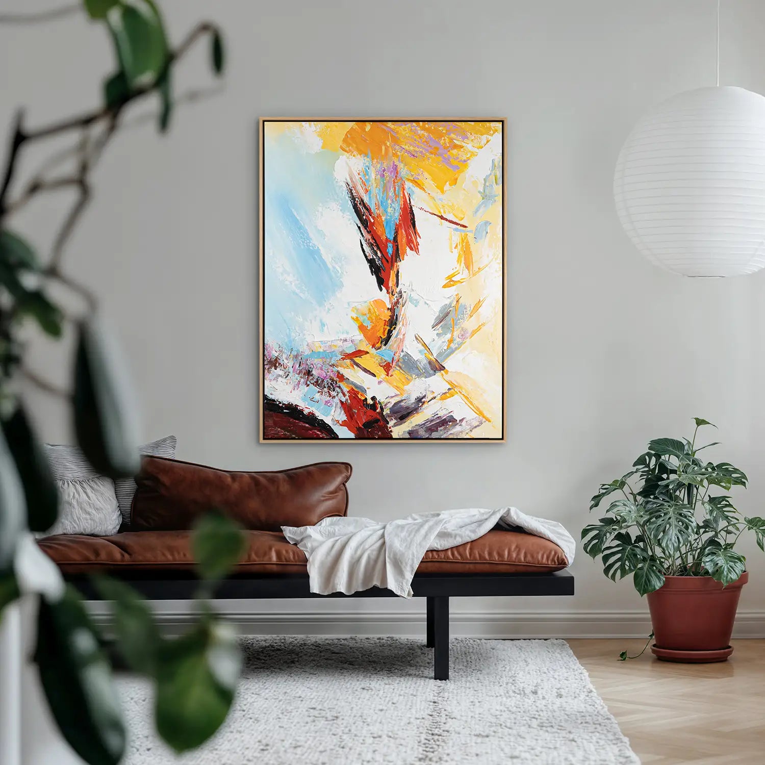 Wandbild 90x120 cm im Rahmen Eiche hell, handgemalt mit Acrylfarbe und Strukturpaste – Abstrakte Entfaltung versteckter Dimensionen in leuchtenden Rot- und Gelbtönen – „Versteckte Dimensionen“