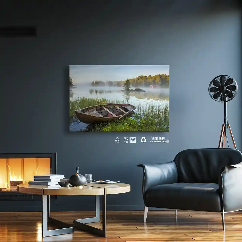 Leinwandbild 120x60cm Flüsse & Seen, Boot Nebel See Schweden