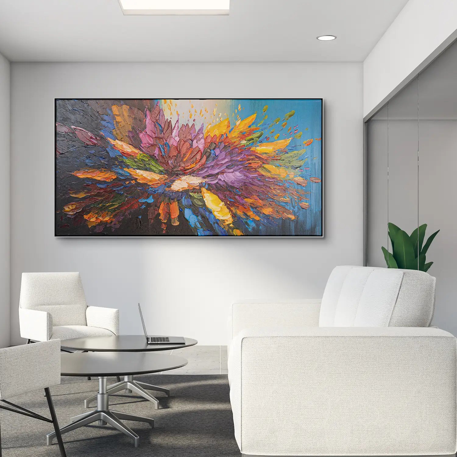 Leinwandbild handgemalt 160x80 cm im Schattenfugenrahmen Weiß, moderne Explosion der Farben, lebendige Abstraktion für Büro, Wohnzimmer und Schlafzimmer – „Tanz der Farben“