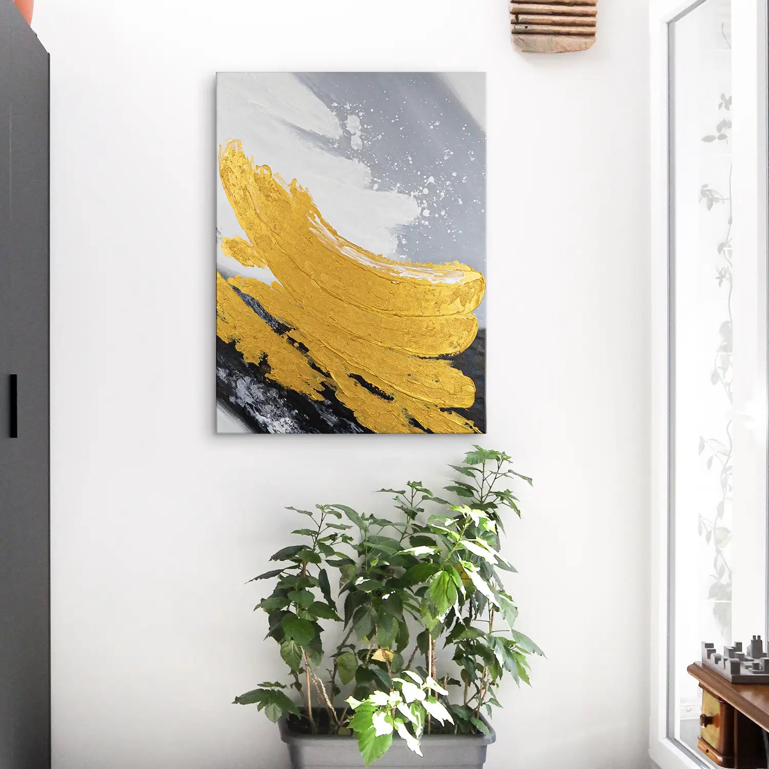Gemälde 60x80 cm ohne Rahmen, handgemalt mit Strukturpaste in Gold, Weiß, Schwarz und Grau – eine abstrakte Reflexion zwischen Licht und Schatten – „Goldene Reflexionen“