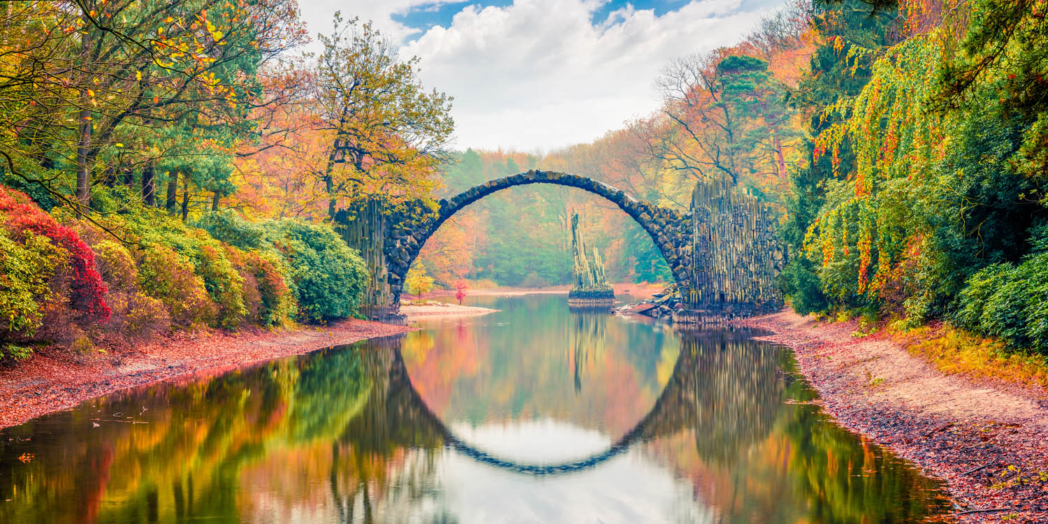 Panorama Acrylglasbild 180x90cm Wald & Bäume Herbst Rakotzbrücke, Kromlau