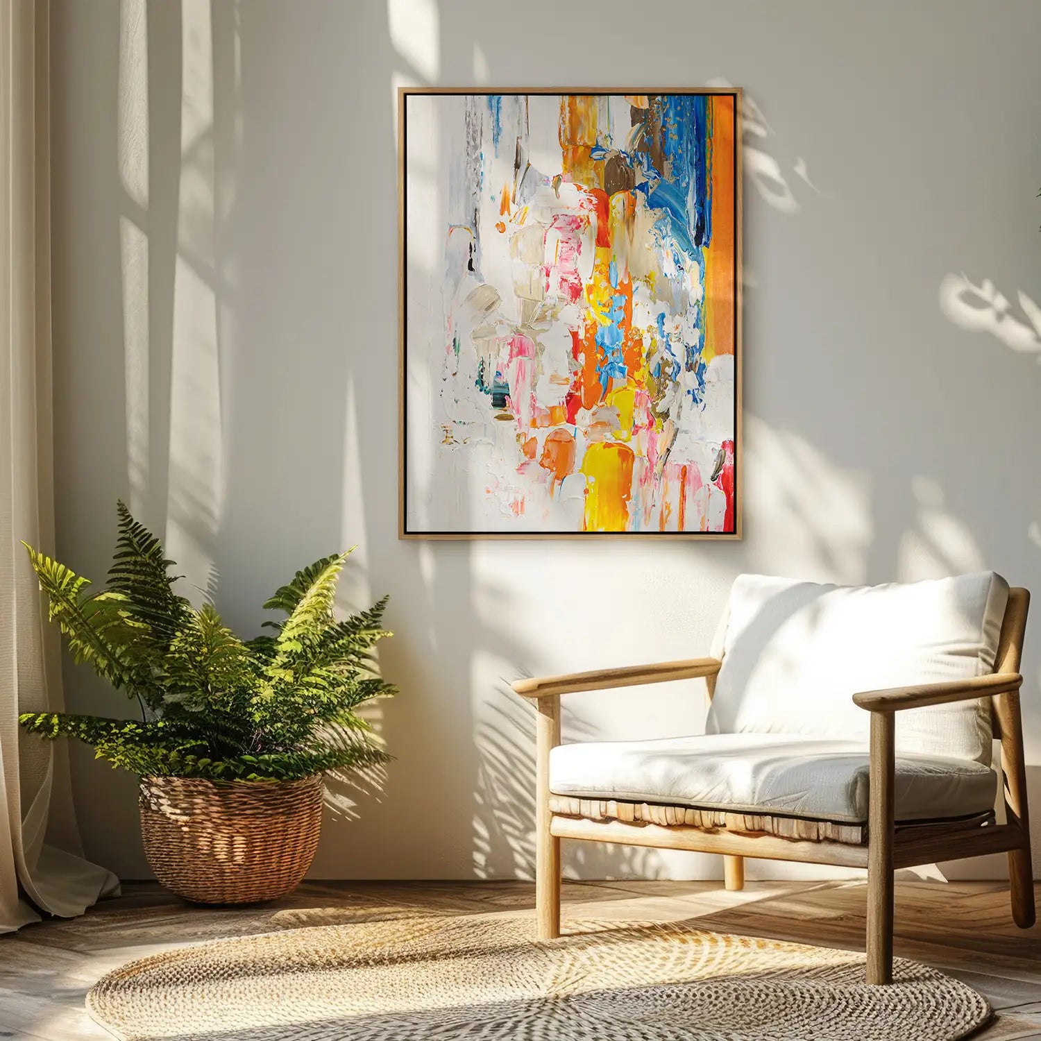 Wandbild echt handgemalt 75x100 cm im Rahmen Eiche hell, dynamischer Fluss in Weiß, Orange, Gelb und Blau – „Fluss der Gedanken“