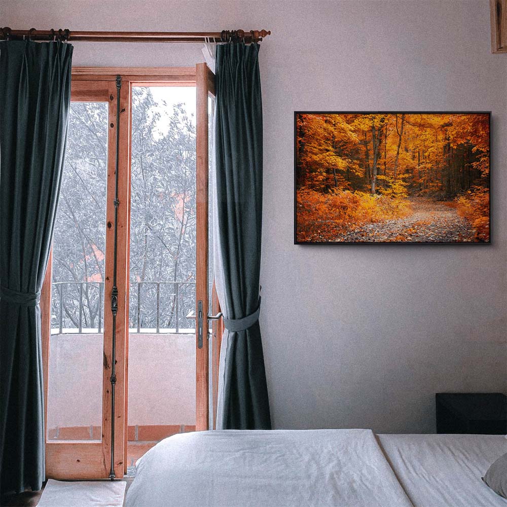 Wald & Bäume Herbst Wanderung II im schwarzen Bilderrahmen, 150x50cm