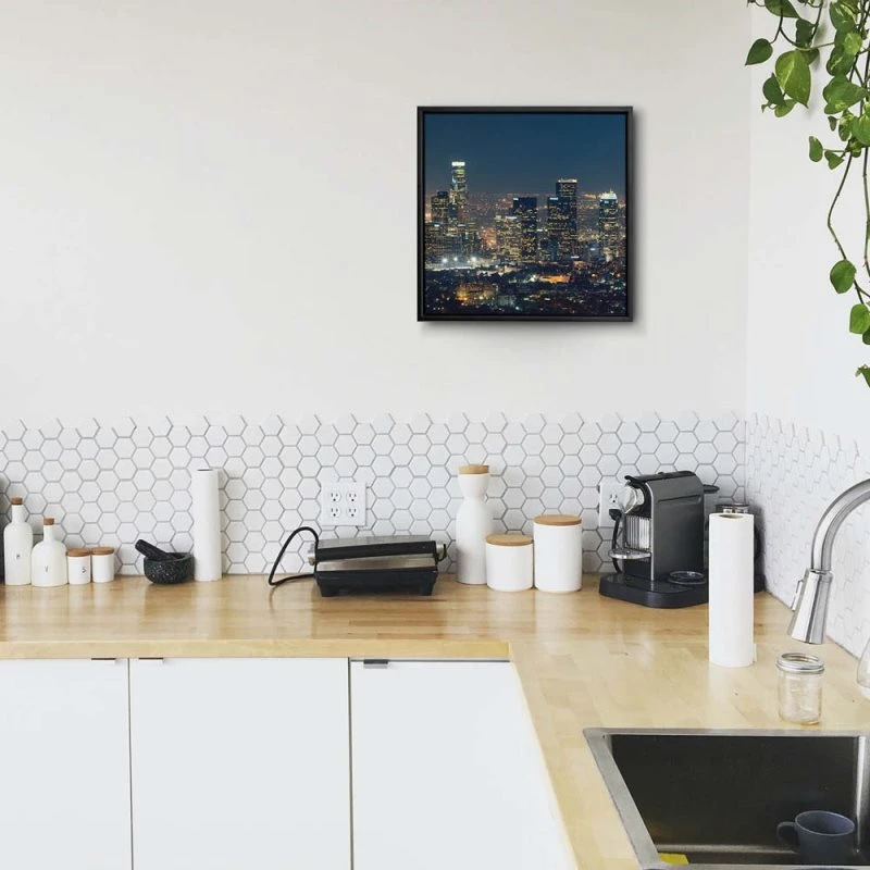 Skyline Los Angeles Nachts im schwarzen Bilderrahmen, 180x90cm