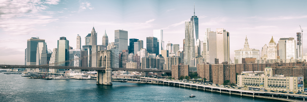 Skyline NYC Manhatten mit Bridge als Acrylglasverbund Bild 150x50cm