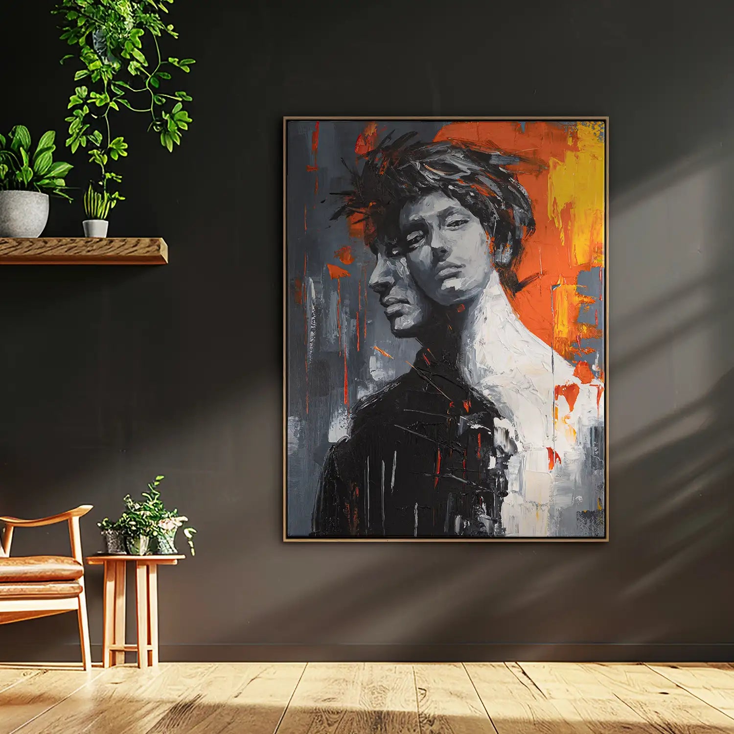 Leinwandbild echt handgemalt 60x80 cm im Rahmen Eiche hell in Schwarz, Weiß und Rot – Portrait eines Mannes in abstrakter Zerrissenheit – „Romulus and Remus“