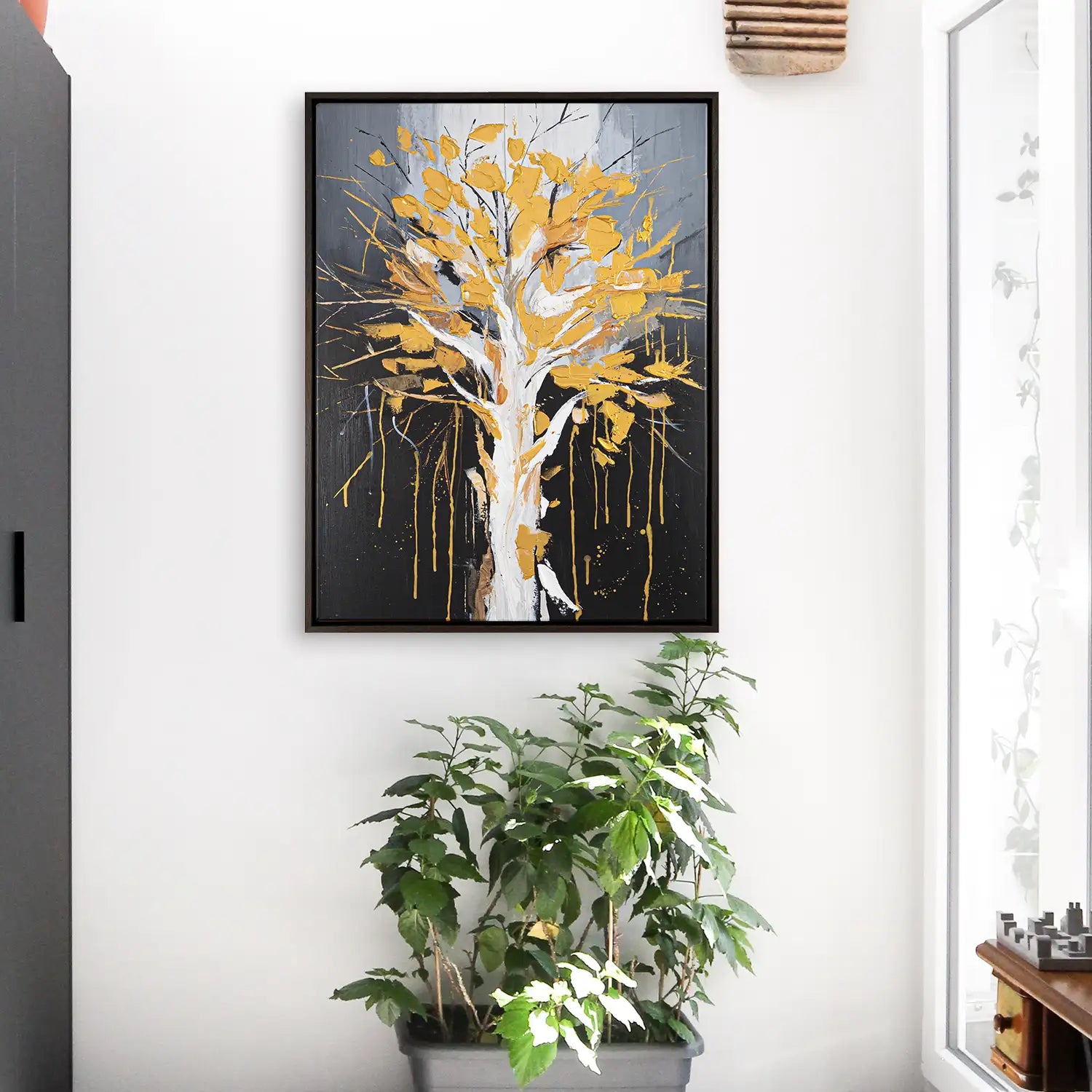 Leinwandbild handgemalt 75x100 cm im Rahmen Eiche dunkel, moderne Abstraktion einer Baumkrone mit goldenen Blättern – „Golden Leaves“
