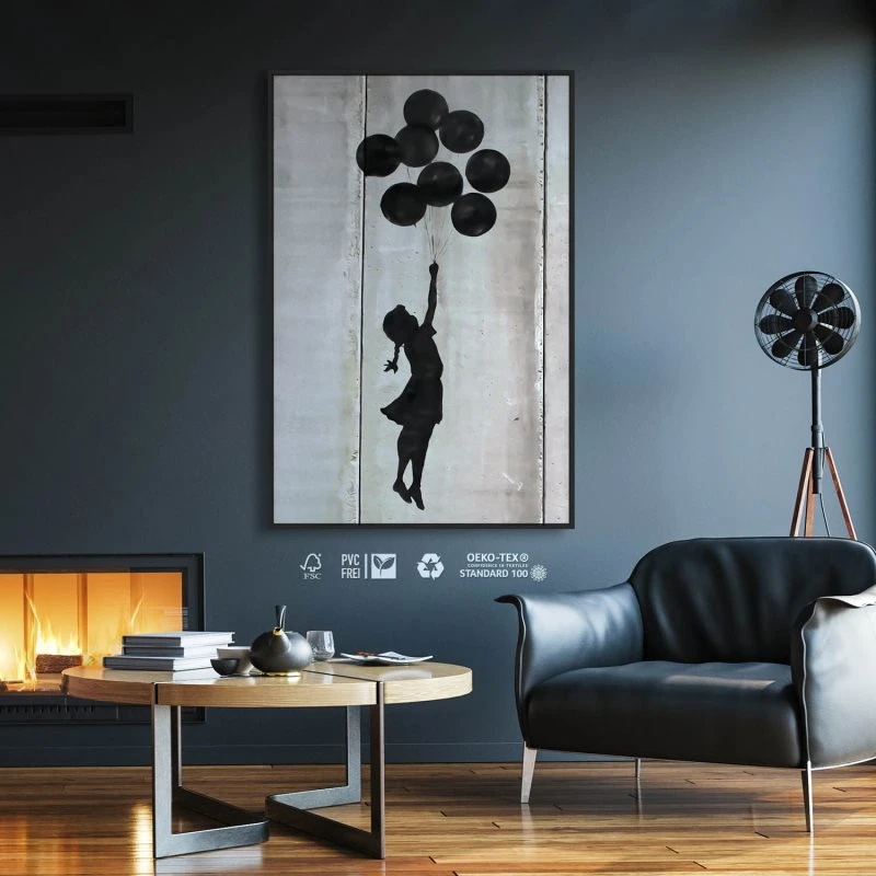Banksy Girl with ballons im Hochformat 80x120cm mit schwarzen Bilderrahmen