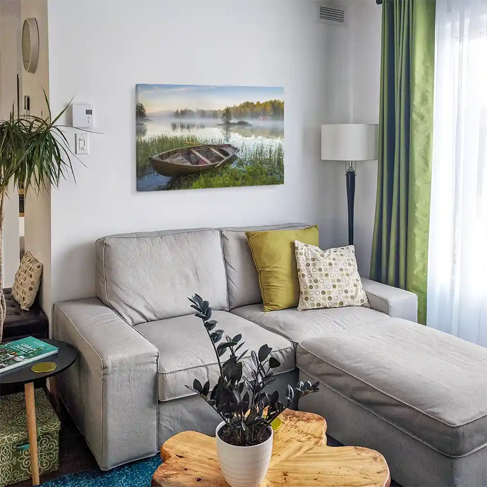 Leinwandbild 120x60cm Flüsse & Seen, Boot Nebel See Schweden