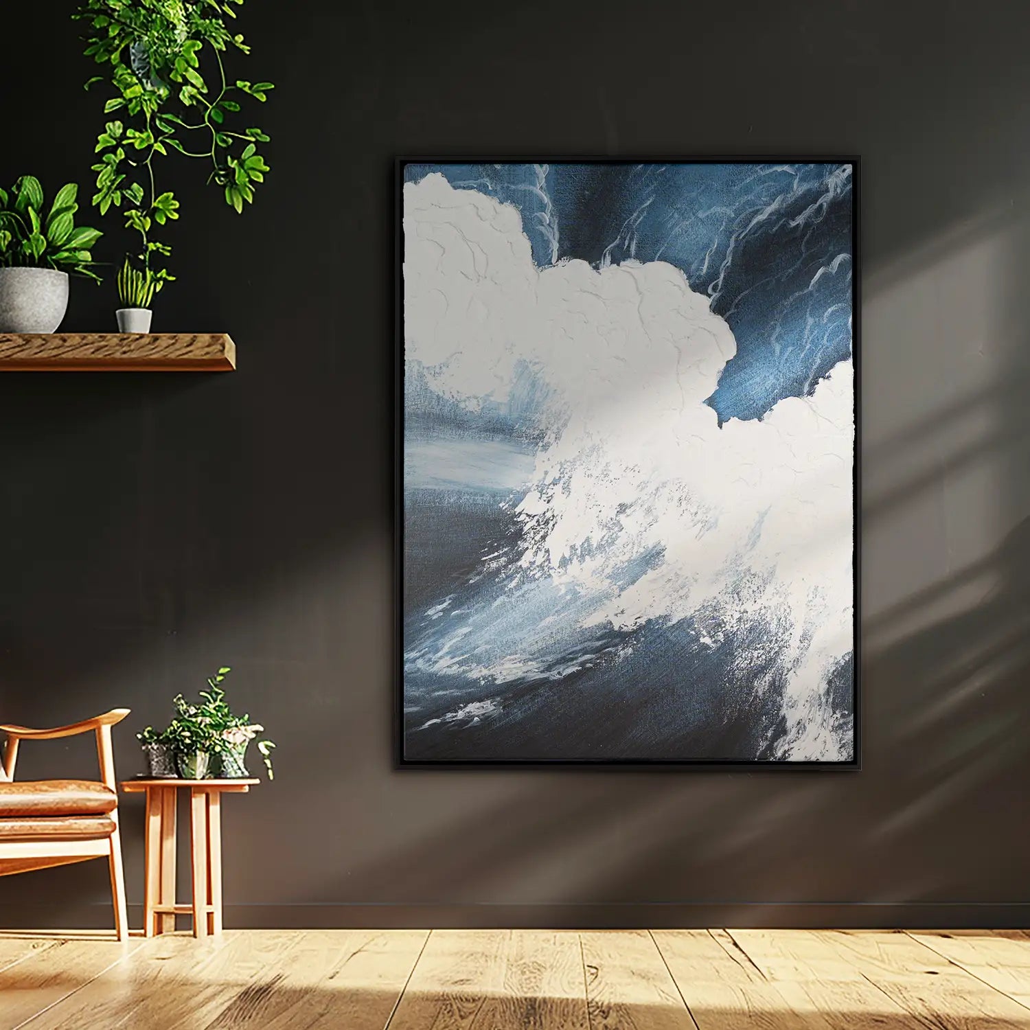 Gemälde 60x80 cm im Schattenfugenrahmen Schwarz, handgemalt mit Acrylfarbe und Strukturpaste – mediterrane Wellen des Lebens III – Polaritäten des Lebens III