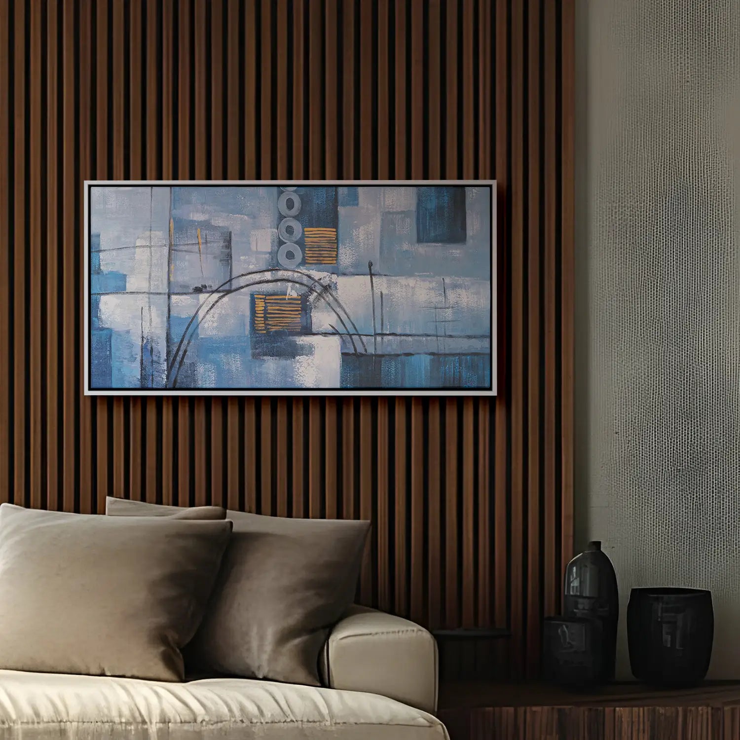 Gemälde 160x80 cm im Schattenfugenrahmen Weiß, abstrakte Strömungen in tiefem Blau – ein Dialog der Intuition und Empfindung – „Wege der Intuition“