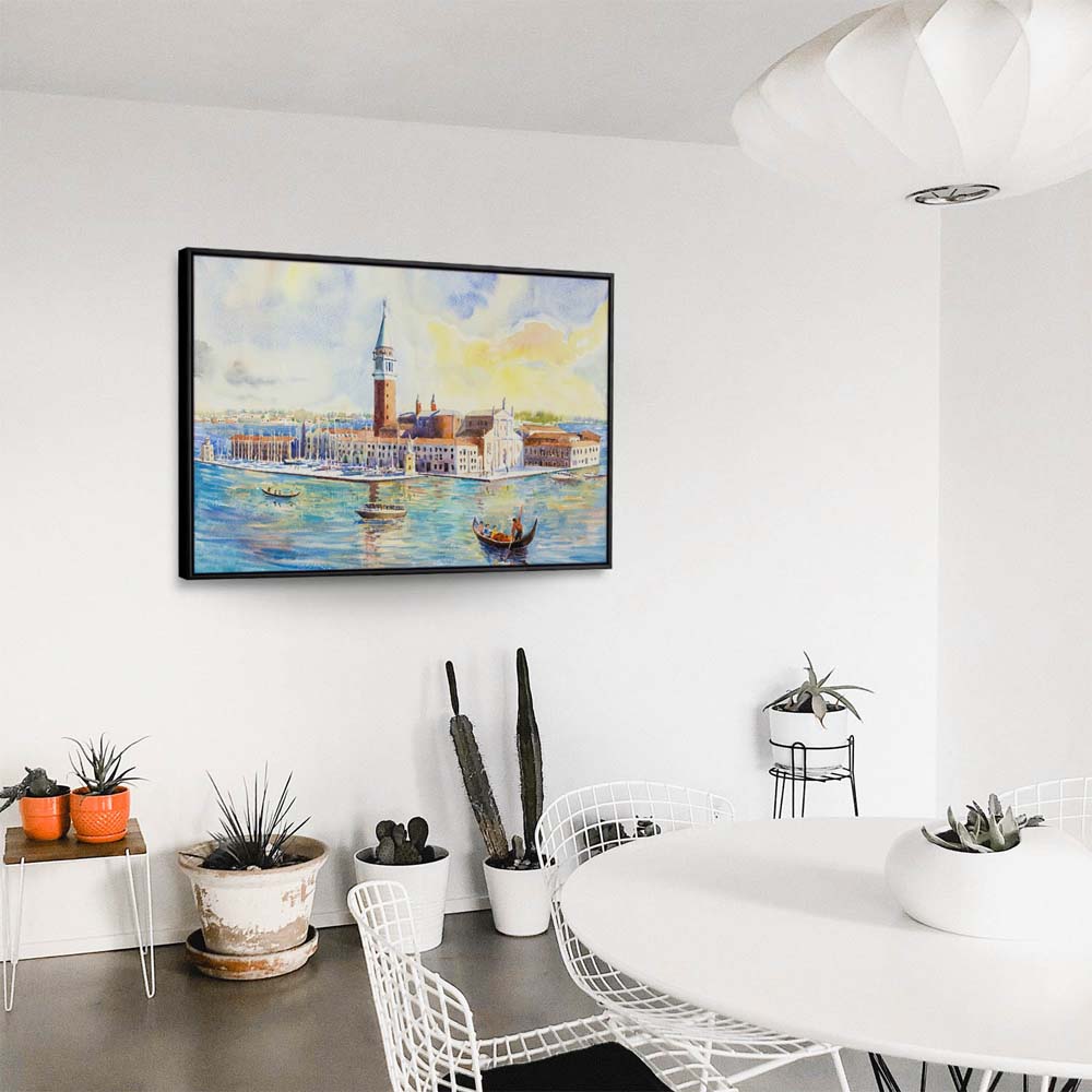 Skyline Venedig als Gemälde im schwarzen Bilderrahmen, 80x80cm