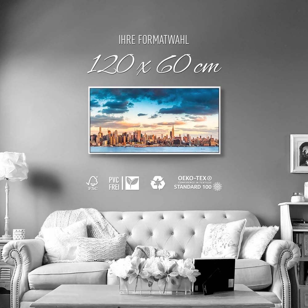 Skyline Panorama von New York im weißen Bilderrahmen, 120x60cm