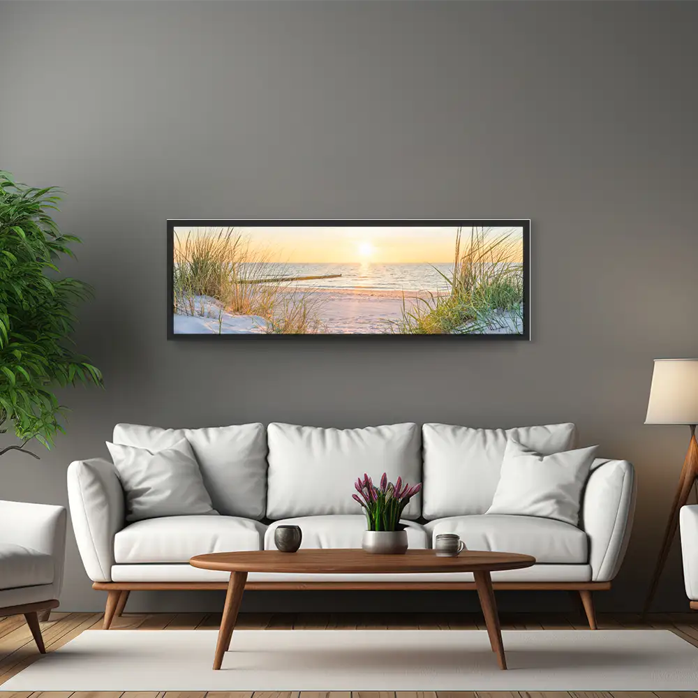 Strand & Meer Ostsee Sonnenuntergang im schwarzen Bilderrahmen, 150x50cm