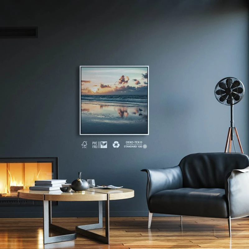 Strand & Meer Sonnenuntergang Nordsee im weißen Bilderrahmen, 80x80cm