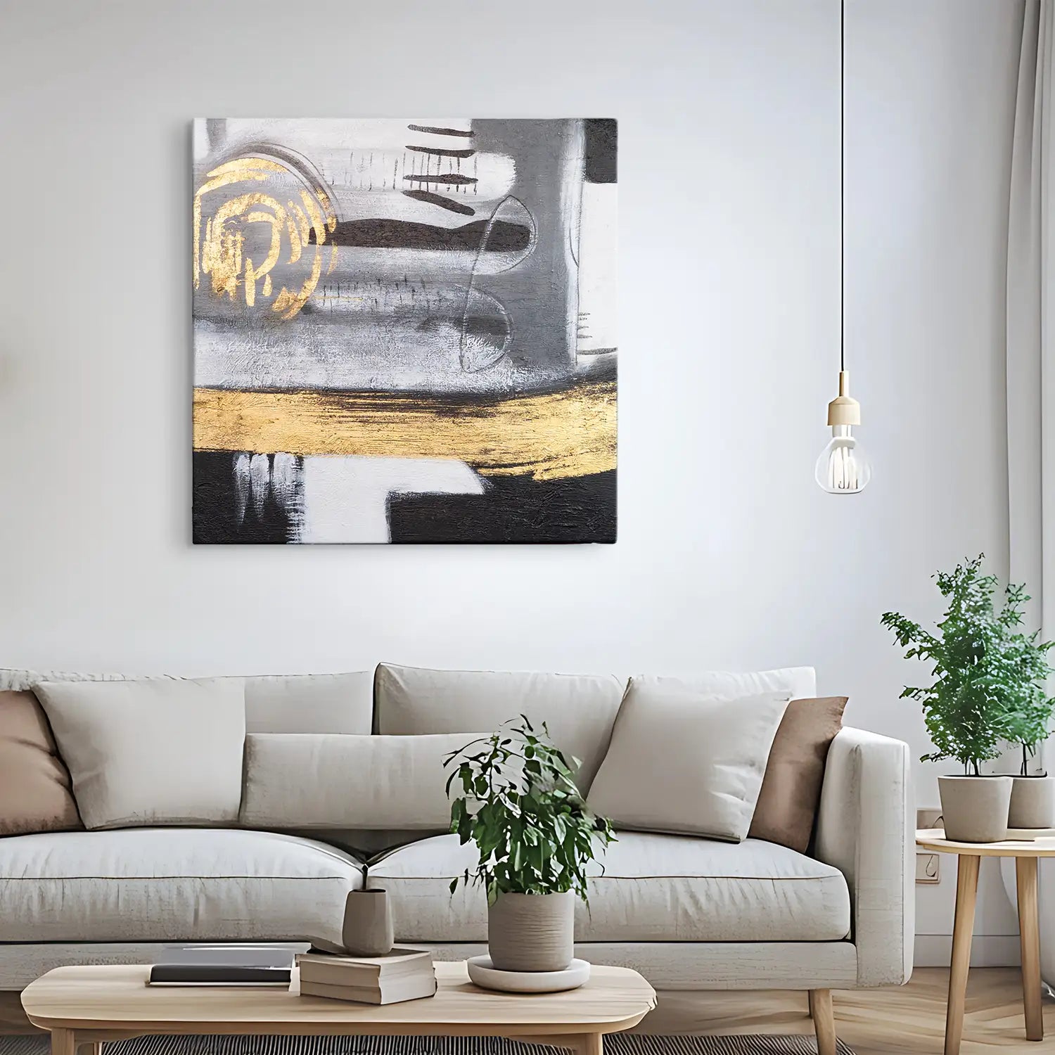 Leinwandbild handgemalt 80x80 cm ohne Rahmen, moderne Abstraktion in Gold und Grau – "Goldenes Jetzt"