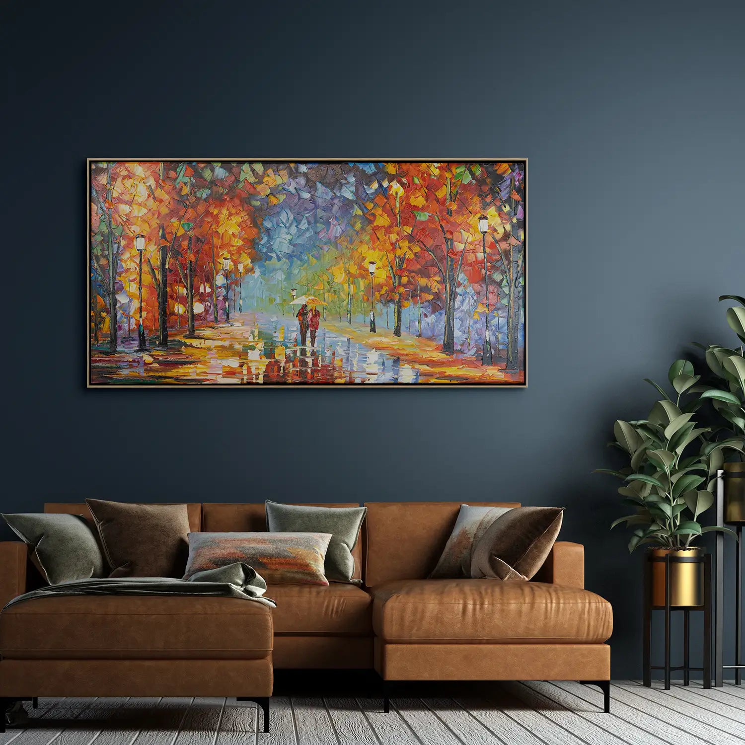 Wandbild 100x50 cm im Rahmen Eiche hell – Abstrakte Nachtlandschaft mit urbanem Flair, handgemalt in Acryl und Strukturpaste, ein Pärchen auf leuchtendem Weg – „Der Weg des Lichts“