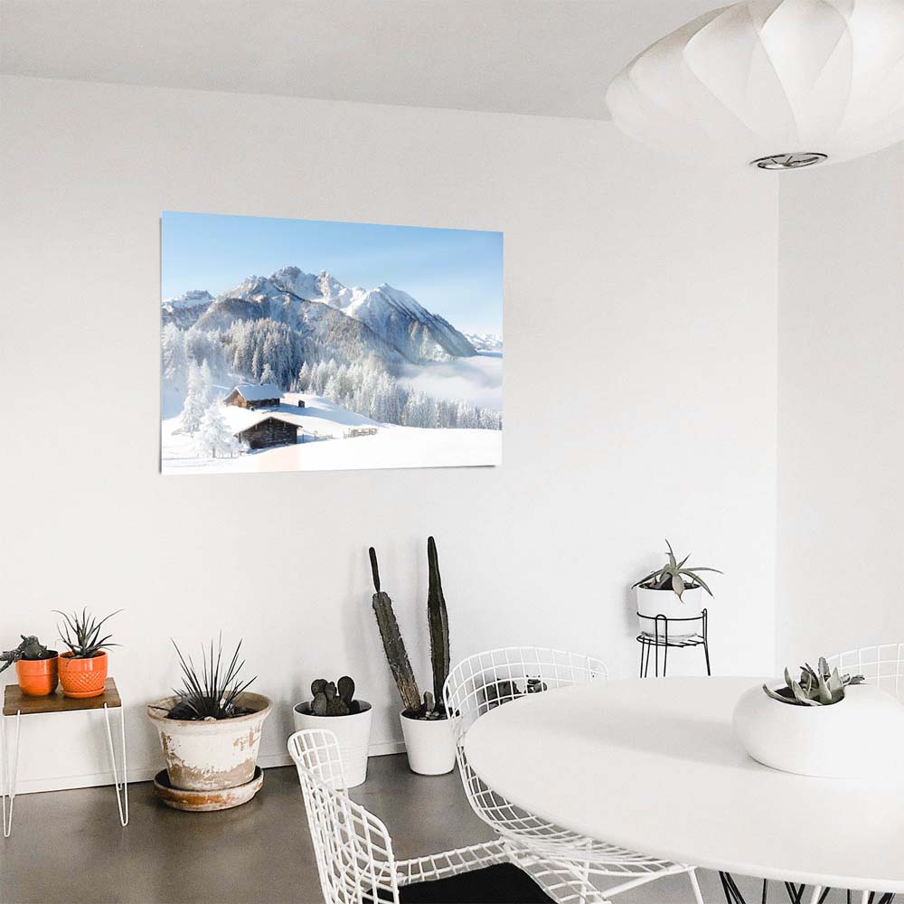 WandPoster Berge & Gebirge Winterpanorama mit Hütte, 80x80cm