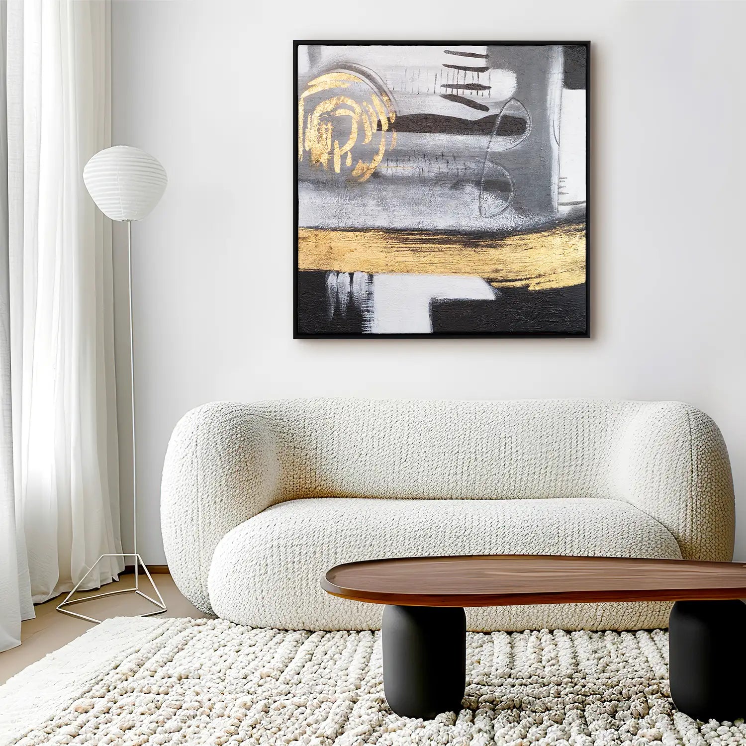Leinwandbild handgemalt 120x120 cm im Schattenfugenrahmen Schwarz, moderne Abstraktion in Gold und Grau – „Goldenes Jetzt“