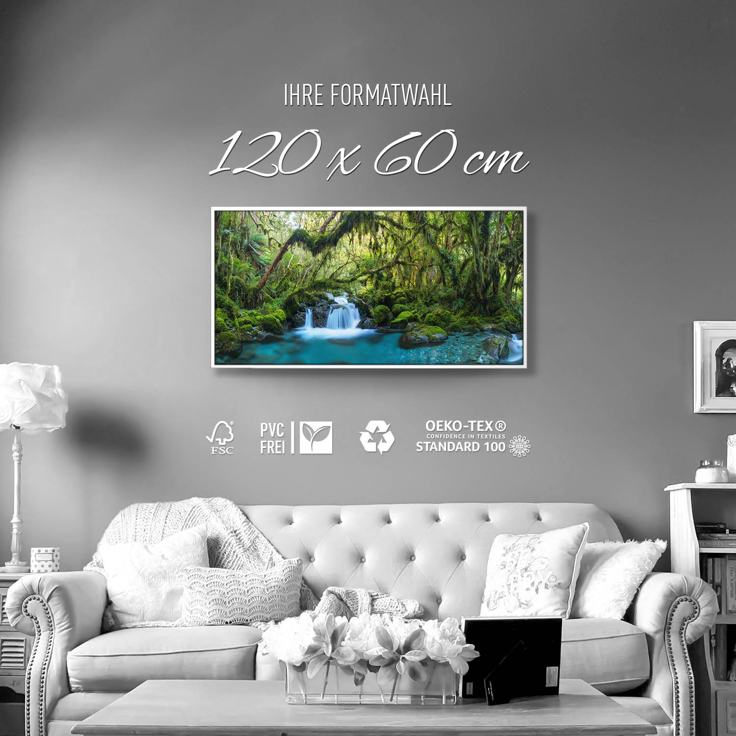 Dschungel idylischer Bachlauf im weißen Bilderrahmen, 120x60cm