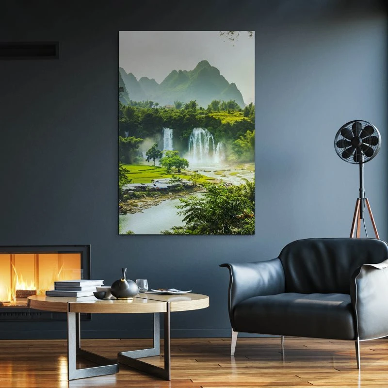 XXL Berge & Gebirge Alu-Dibond Bild im Hochformat 100x150cm, Motiv Ban Gioc Wasserfälle