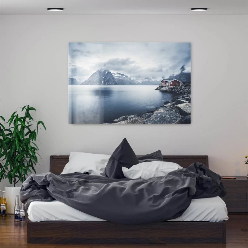 Acrylglasbild XXL, Berge & Gebirge Fischerhütte Lofoten 160x120cm groß