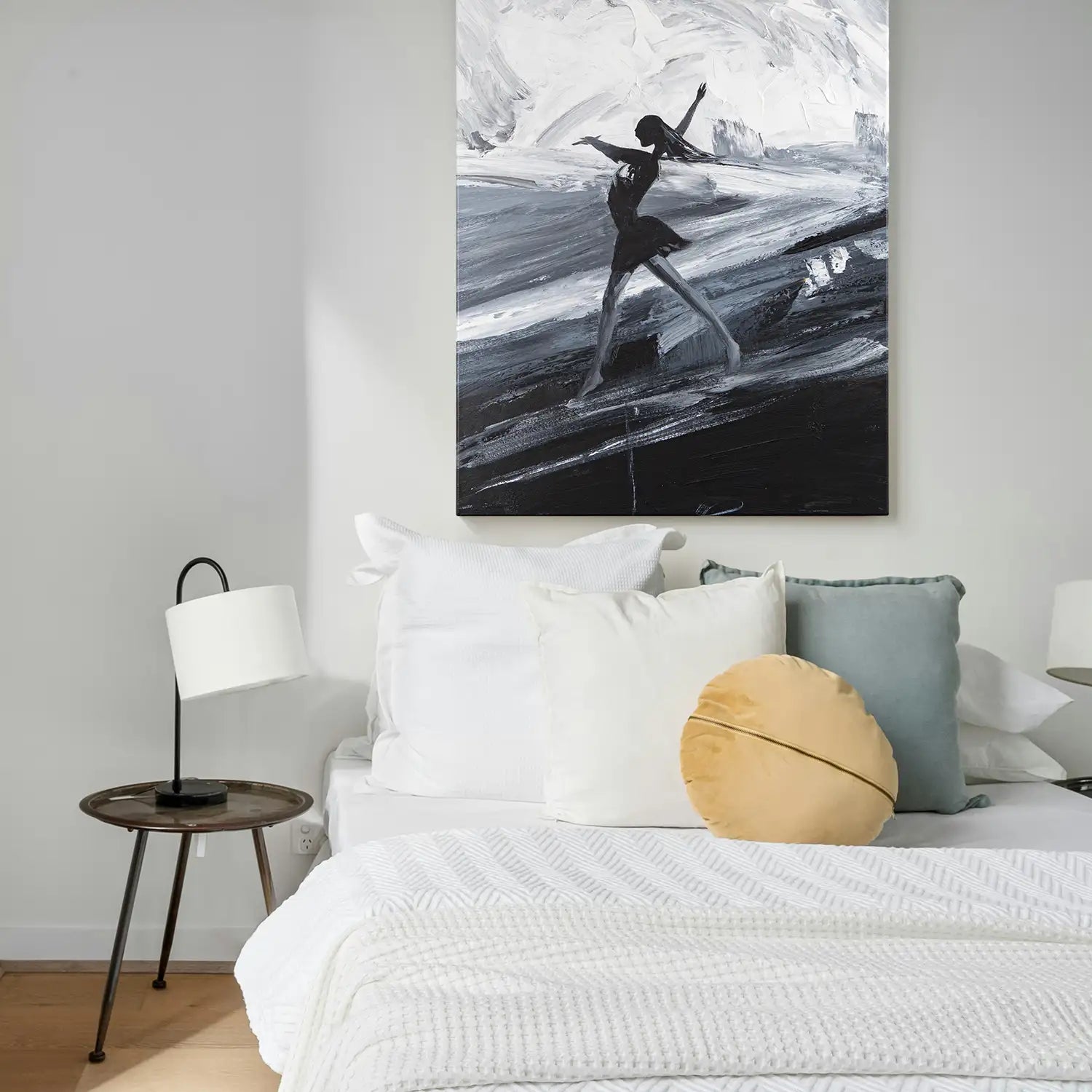 handgemaltes Gemälde 75x100 cm ohne Rahmen, dramatische Eleganz in Schwarz, Weiß und Grau – „Die Tänzerin“