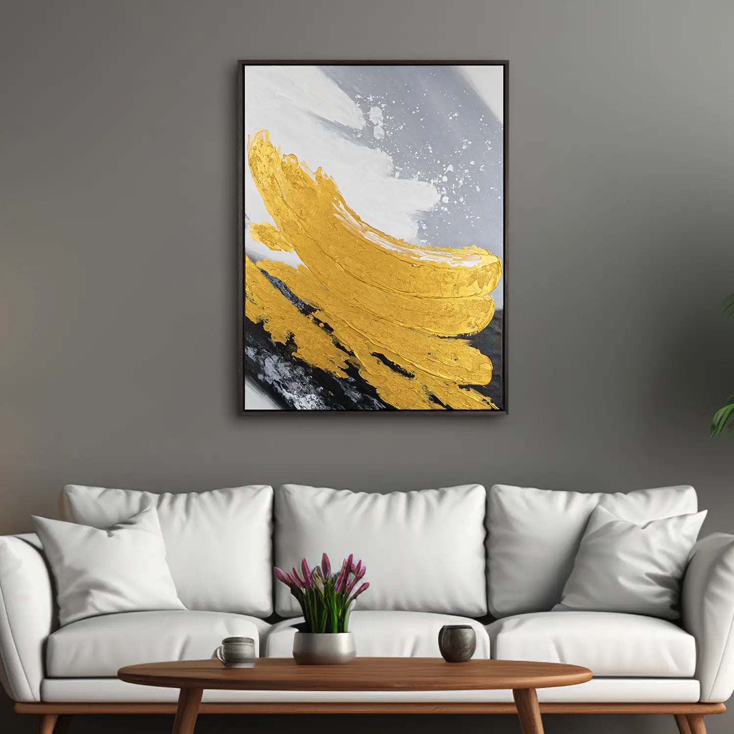 Gemälde 120x160 cm im Rahmen Eiche dunkel, handgemalt mit Acrylfarbe und Strukturpaste, abstrakte Komposition in Gold, Schwarz und Grau – „Goldene Reflexionen“