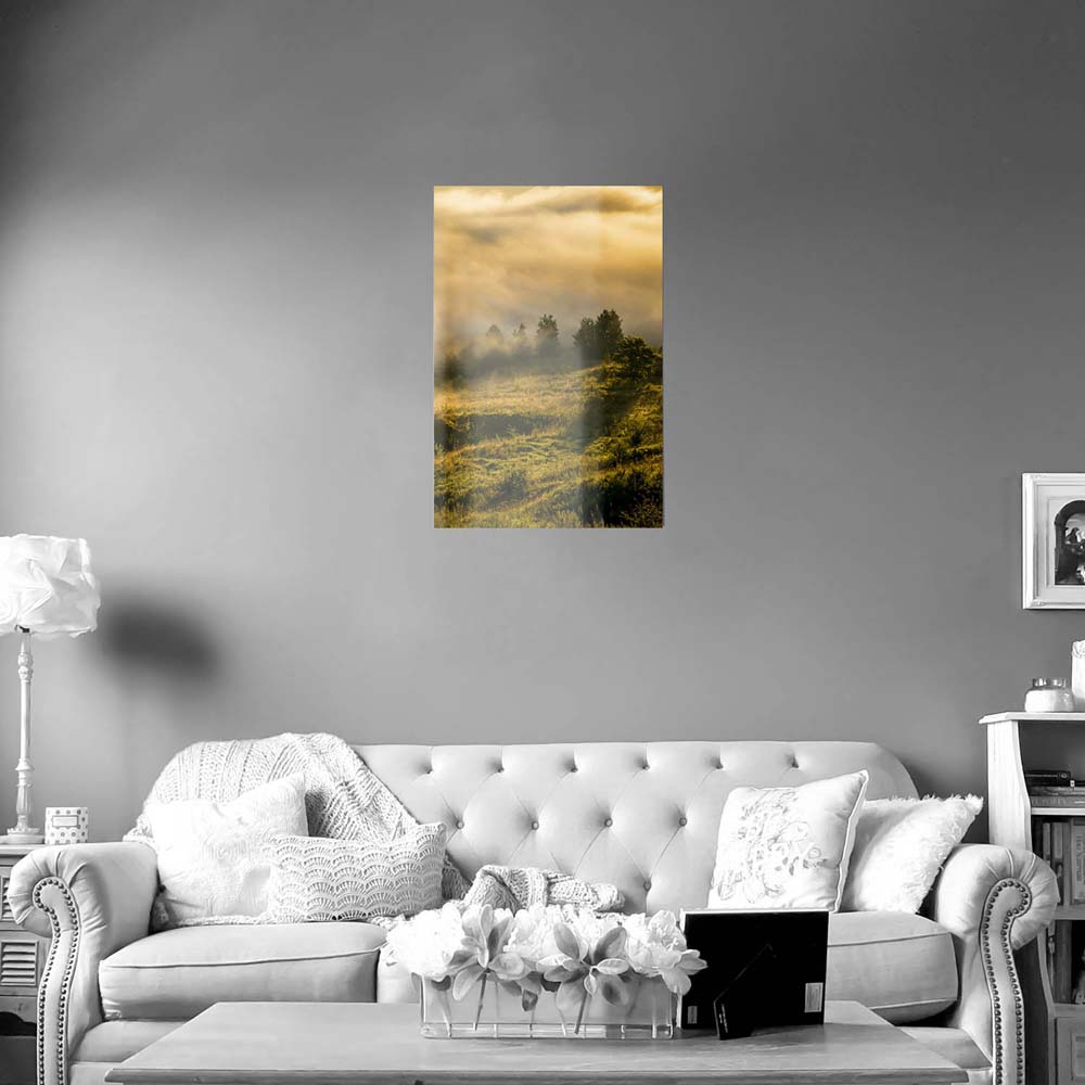 WandPoster Hochformat Wald Wiese Nebel am Morgen, 60x90cm