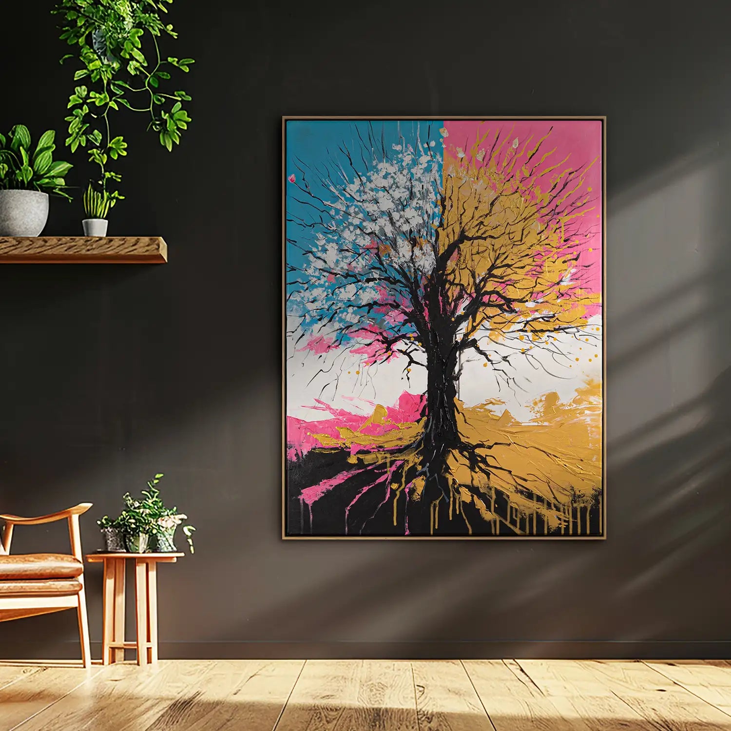 Leinwandbild handgemalt 75x100 cm im Rahmen Eiche hell, Natur und Baum in Petrol, Pink und Gold – „Chromatischer Wipfel“
