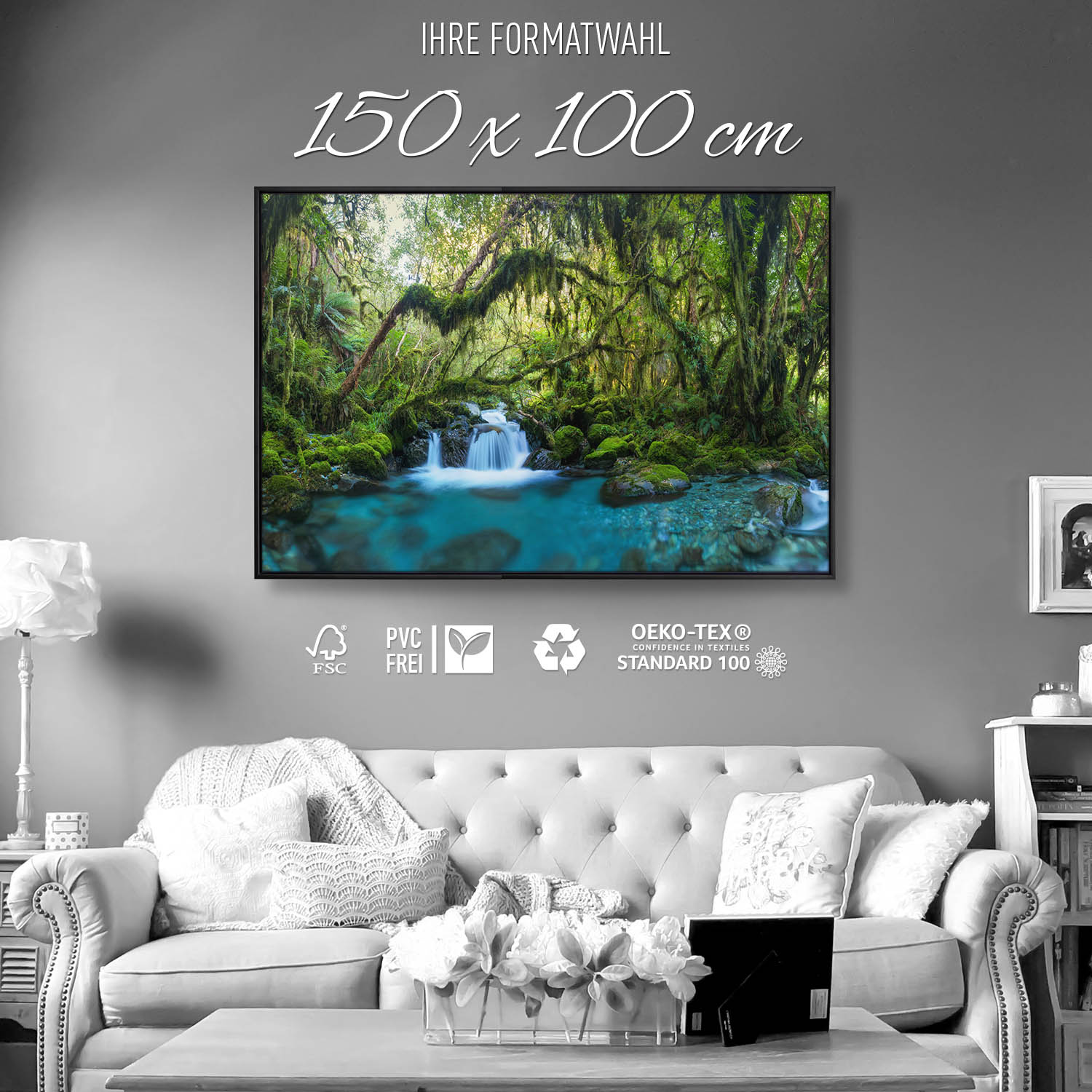 Dschungel idylischer Bachlauf im schwarzen Bilderrahmen, 150x100cm
