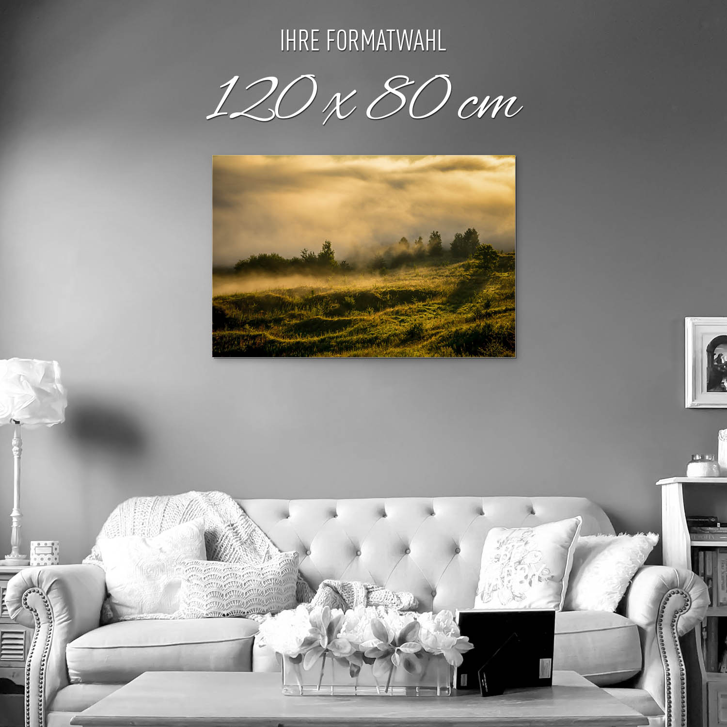 Wald Wiese Nebel am Morgen als Alu-Dibond Bild 120x80cm