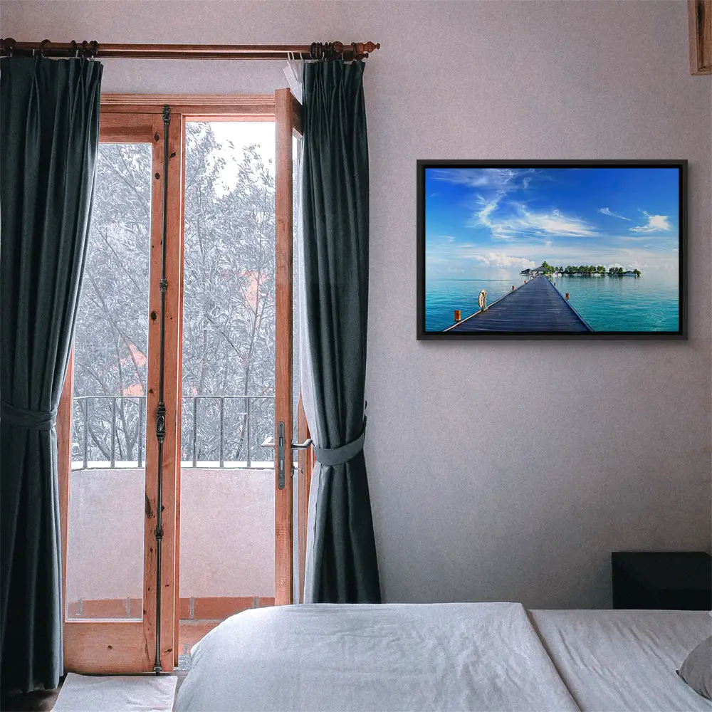 Strand & Meer Steg zur Insel im schwarzen Bilderrahmen, 120x60cm