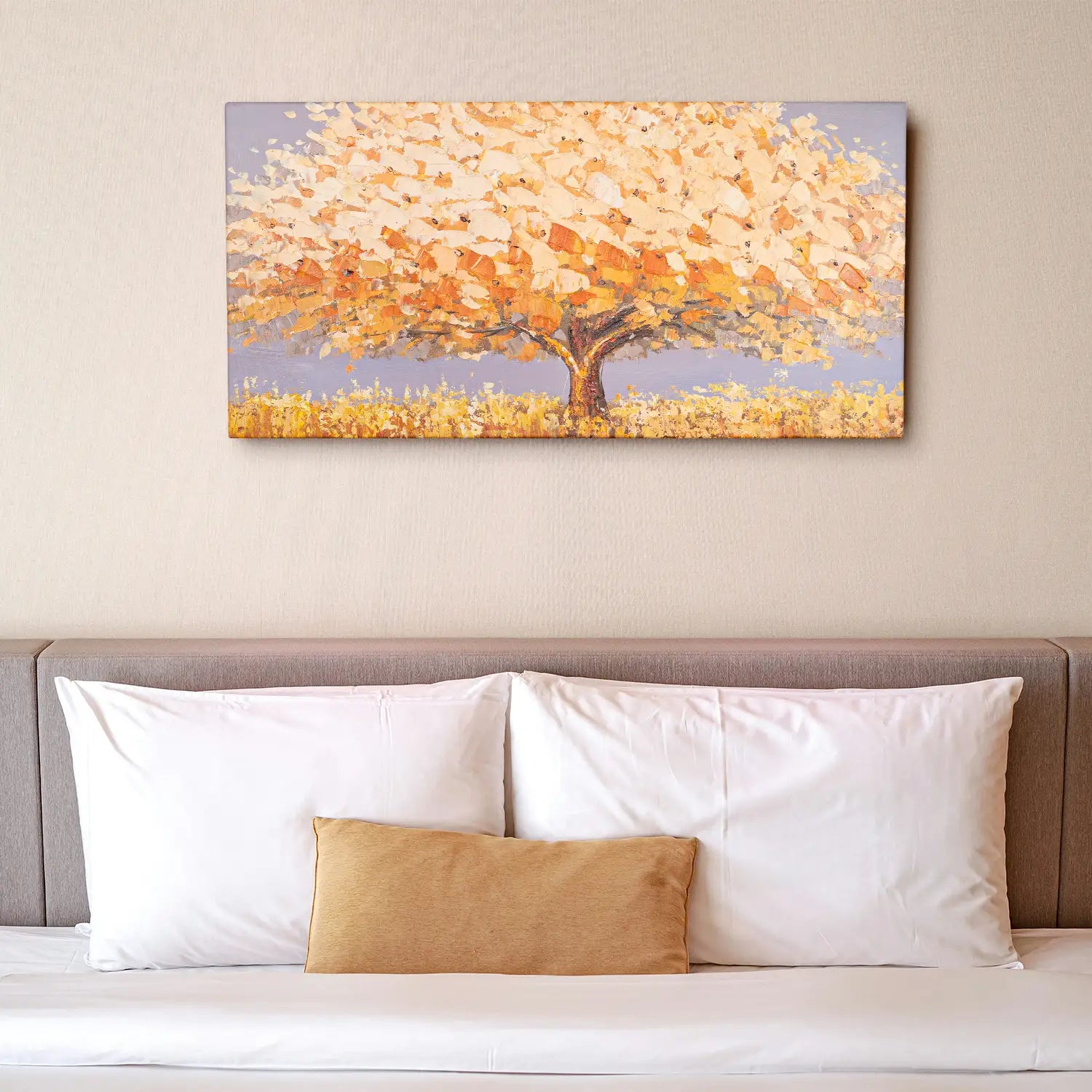 Wandbild 160x80 cm ohne Rahmen, handgemalt in leuchtendem Orange und sanftem Beige – ein abstrakter Baum, der die Dualität der Natur verkörpert – „Dualität der Natur“. – Dualitaet der Natur