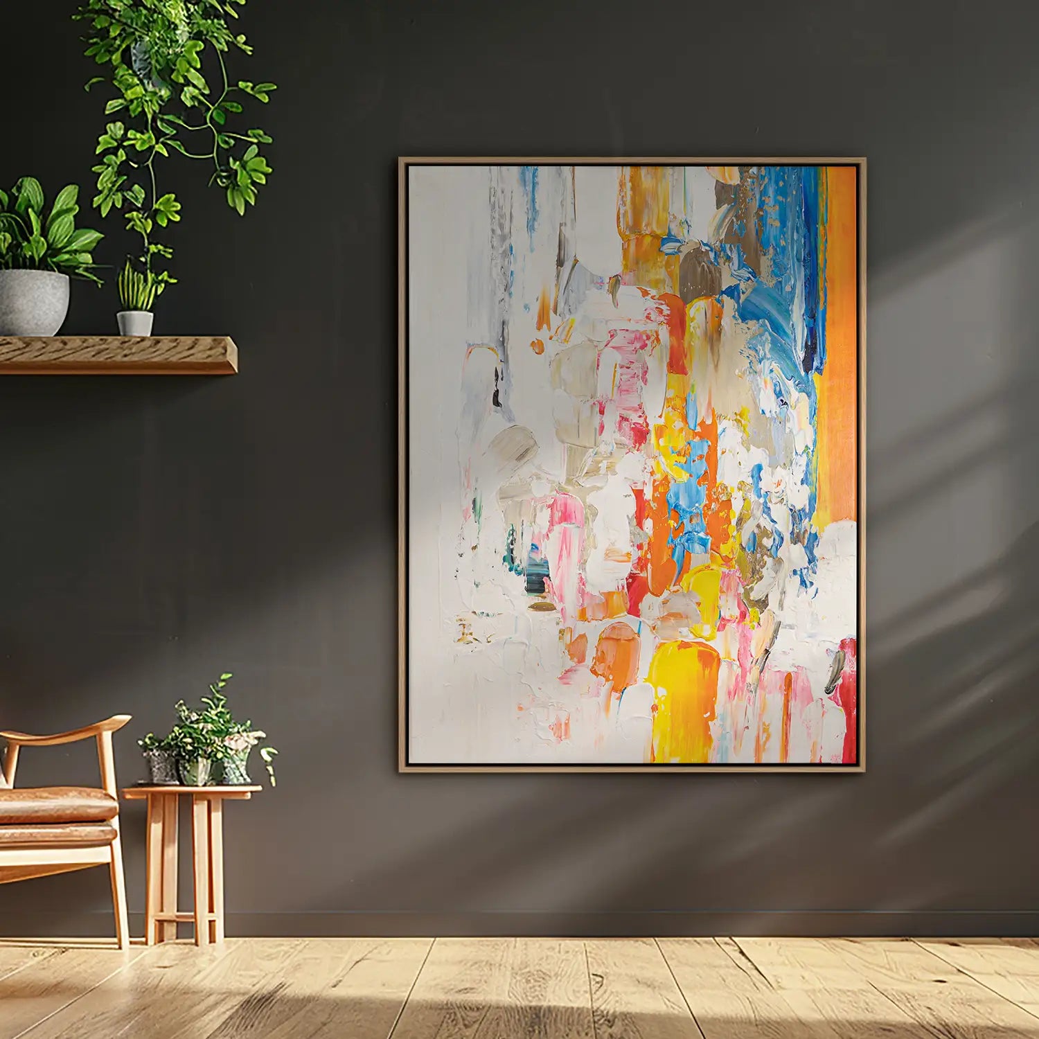 Wandbild echt handgemalt 75x100 cm im Rahmen Eiche hell, dynamischer Fluss in Weiß, Orange, Gelb und Blau – „Fluss der Gedanken“