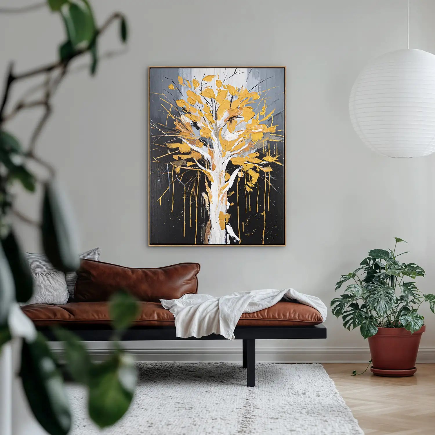 Wandbild echt handgemalt 150x200 cm im Rahmen Eiche hell, abstrakte Baumkrone in Gold und Schwarz – „Golden Leaves“