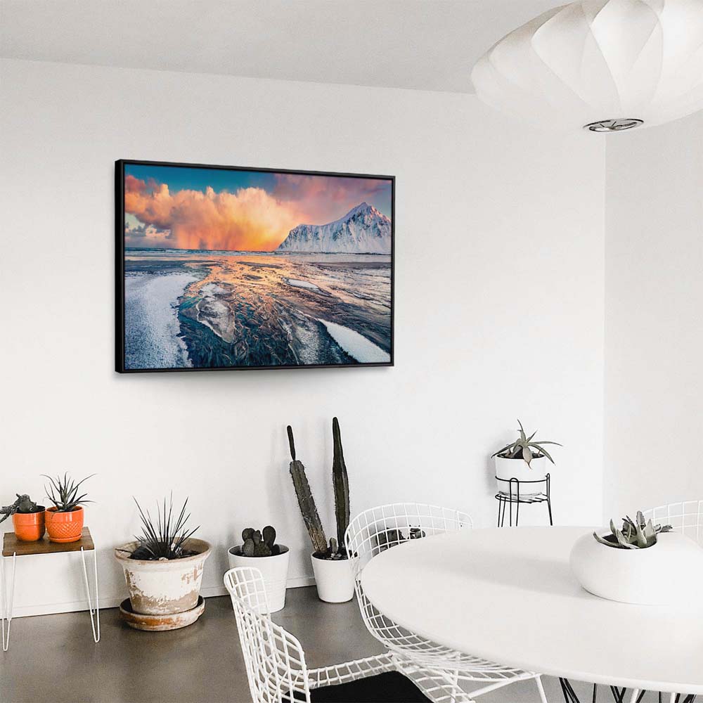 Berge & Meer Norwegen, Skagsanden beach im schwarzen Bilderrahmen, 120x60cm