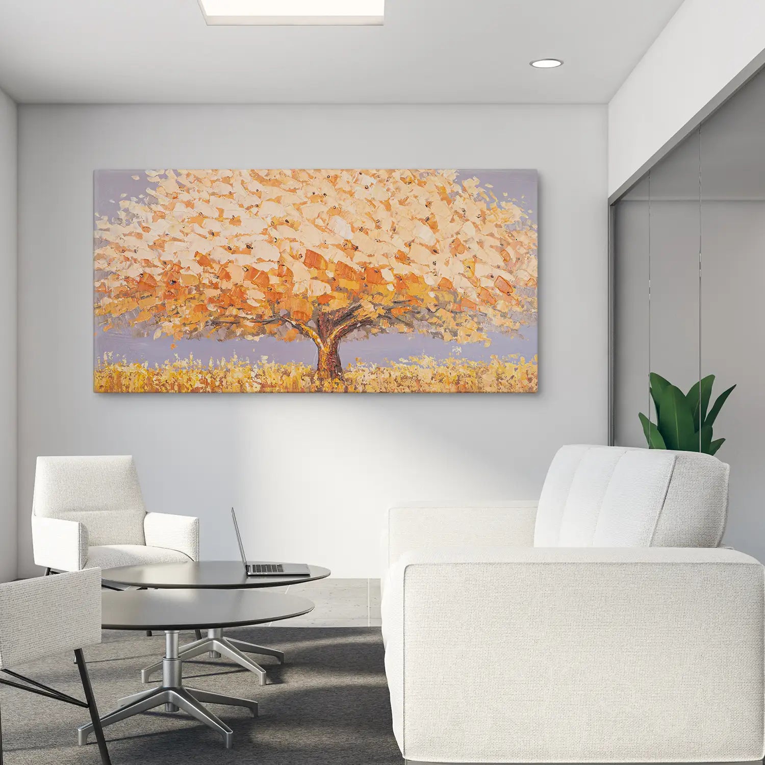 Wandbild 160x80 cm ohne Rahmen, handgemalt in leuchtendem Orange und sanftem Beige – ein abstrakter Baum, der die Dualität der Natur verkörpert – „Dualität der Natur“. – Dualitaet der Natur