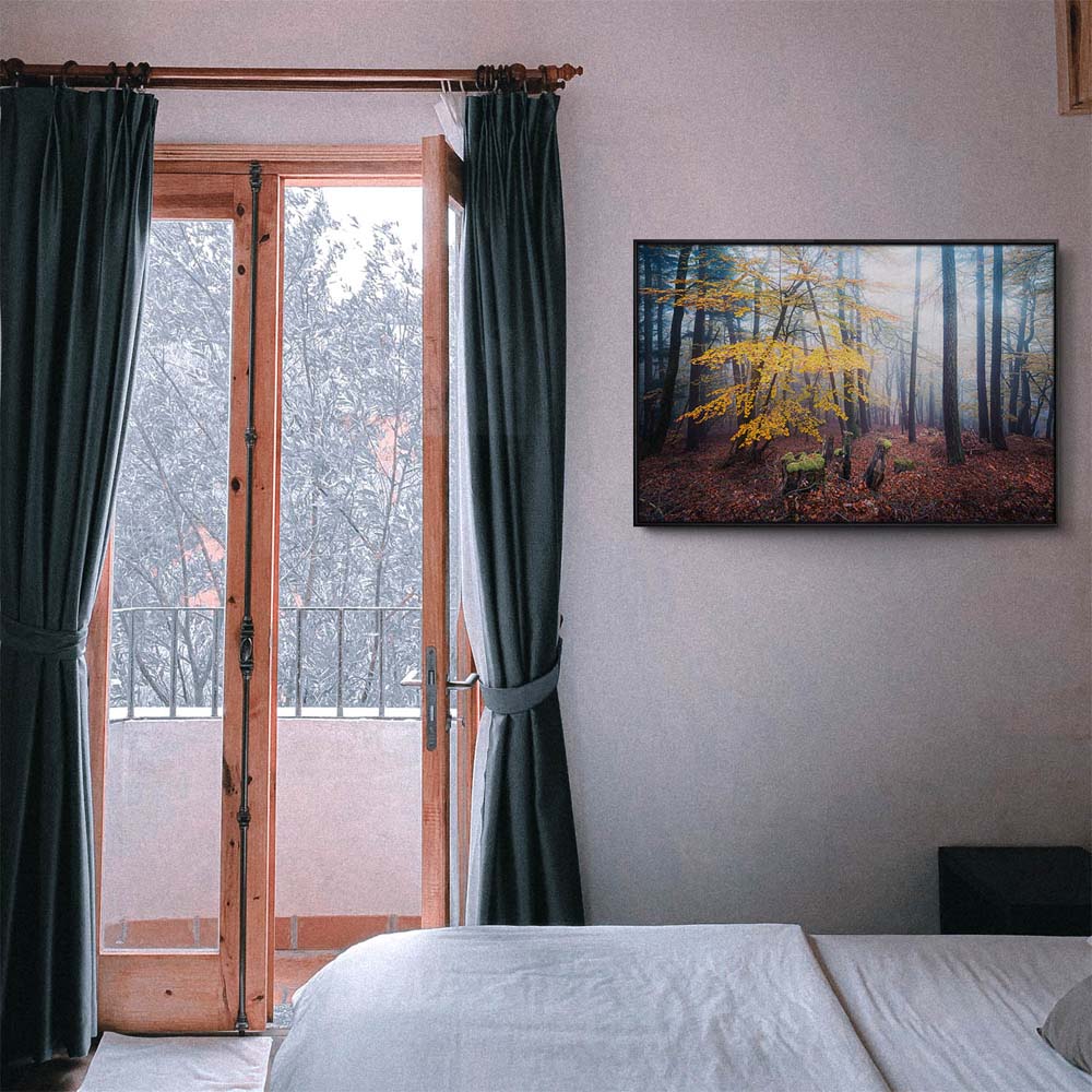 Wald & Nebel Herbst im Pfläzerwald  im schwarzen Bilderrahmen, 180x90cm