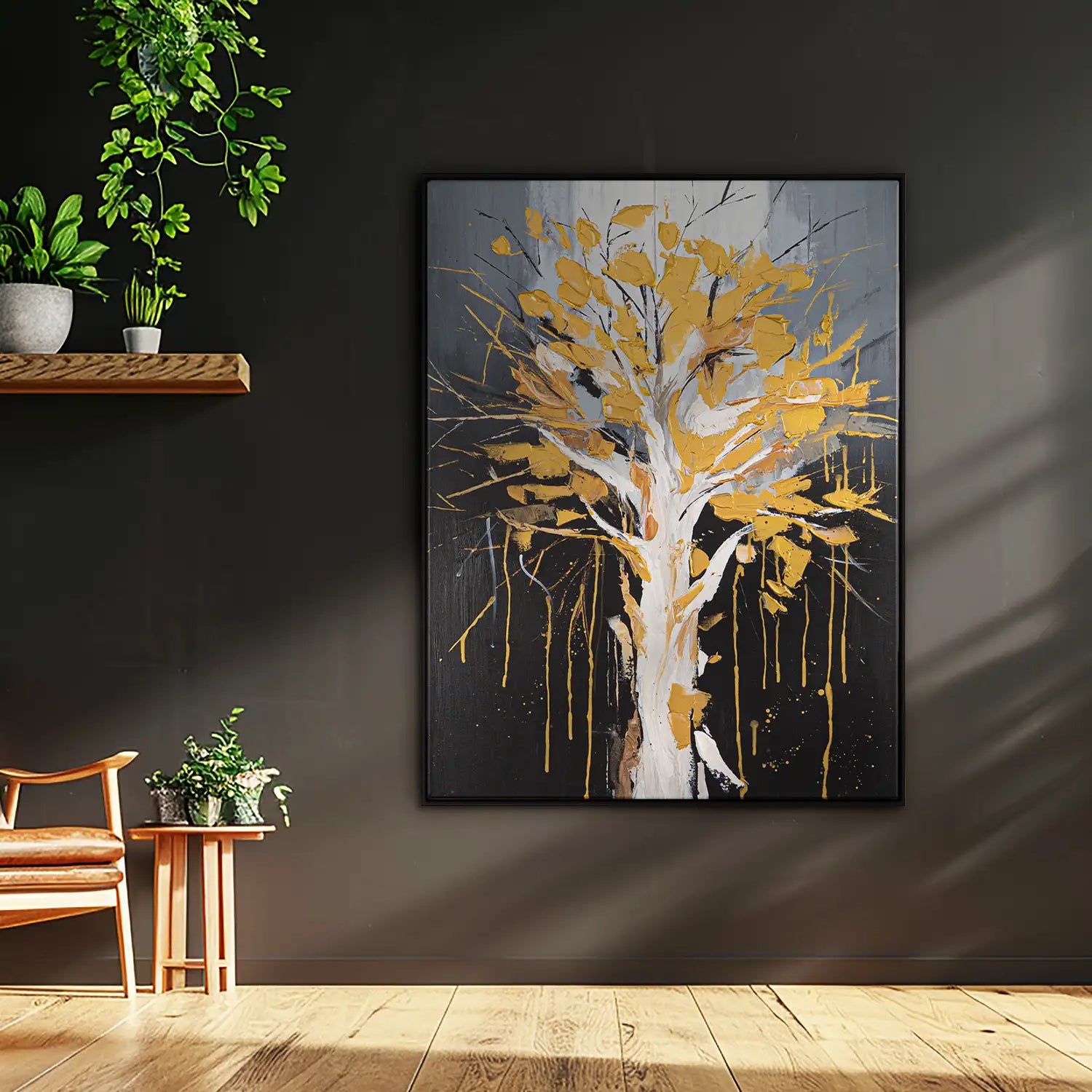 Leinwandbild handgemalt 120x160 cm im Schattenfugenrahmen Schwarz, moderne Abstraktion einer Baumkrone mit goldenen Blättern – „Golden Leaves“