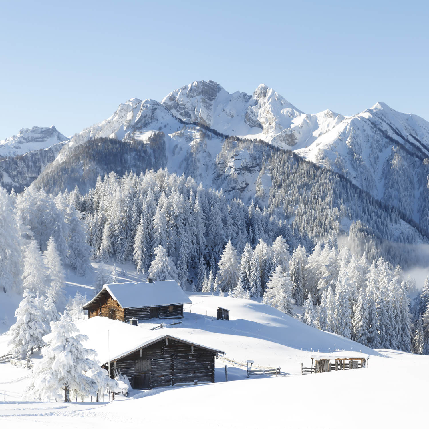 WandPoster Berge & Gebirge Winterpanorama mit Hütte, 80x80cm