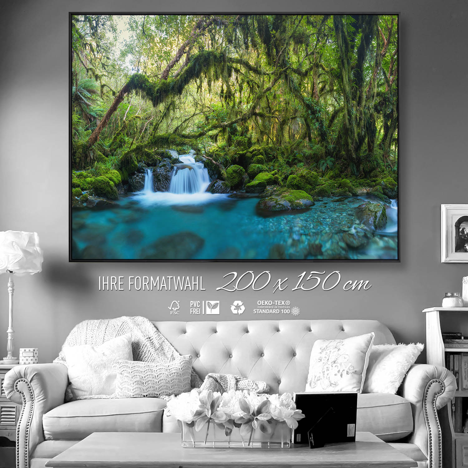 Dschungel idylischer Bachlauf im schwarzen Bilderrahmen, 200x150cm