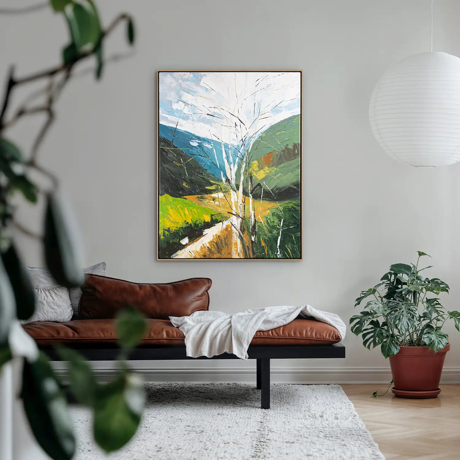 Wandbild echt handgemalt 90x120 cm im Rahmen Eiche hell – lebendige Frühlingslandschaft mit Birke, modern und kraftvoll – „Frühlingserwachen“