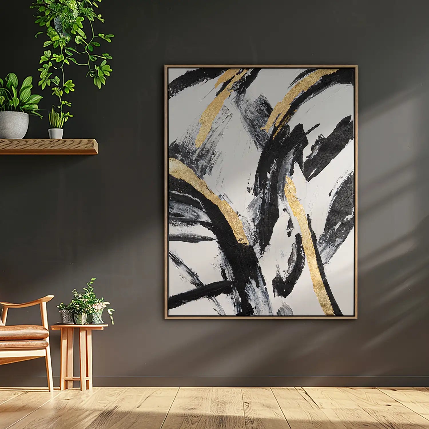 Wandbild echt handgemalt 120x160 cm im Rahmen Eiche hell – Explosion in Schwarz, Weiß und Gold, modern und abstrakt, ideal für Büro, Wohnzimmer und Schlafzimmer – „Ewiger Moment“