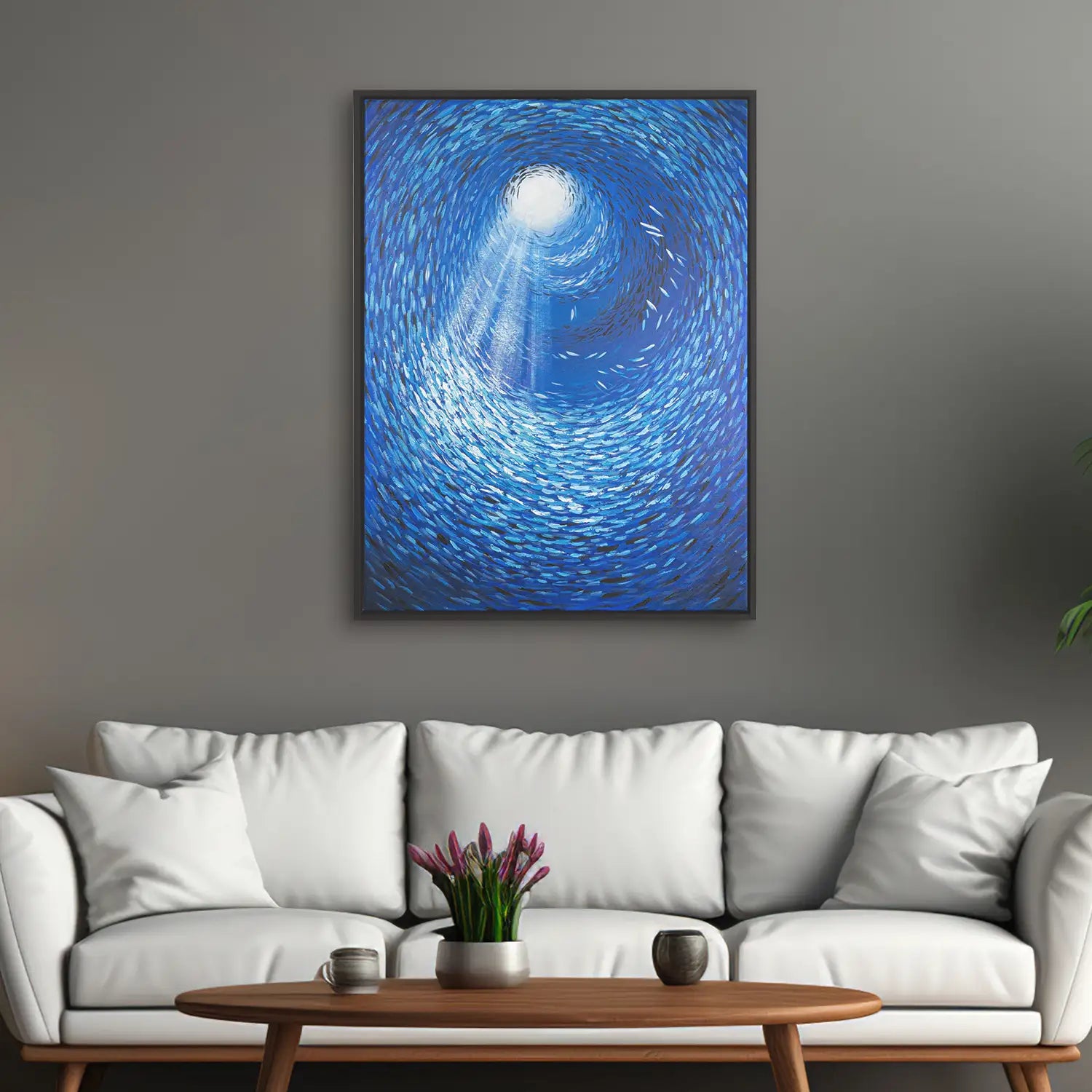 Leinwandbild 150x200 cm im Schattenfugenrahmen Schwarz, handgemalt mit Acrylfarbe, in Abstrakt und modern – mediterrane Wellen des Meeres „Tiefen der Stille“