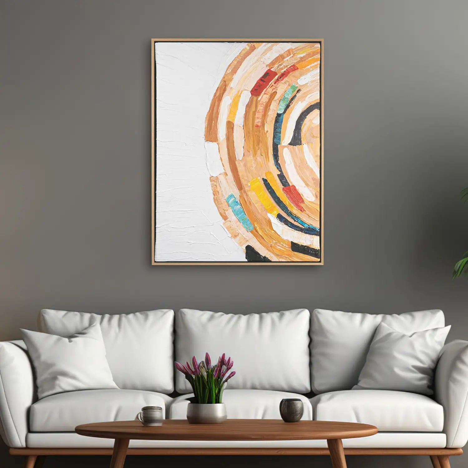 Wandbild 90x120 cm im Rahmen Eiche hell, handgemalt mit Acrylfarbe und Strukturpaste – ein abstrakter Dialog zwischen Grenzen und Freiheit, der die Sehnsucht nach Unendlichkeit verkörpert – „Sehnsucht nach