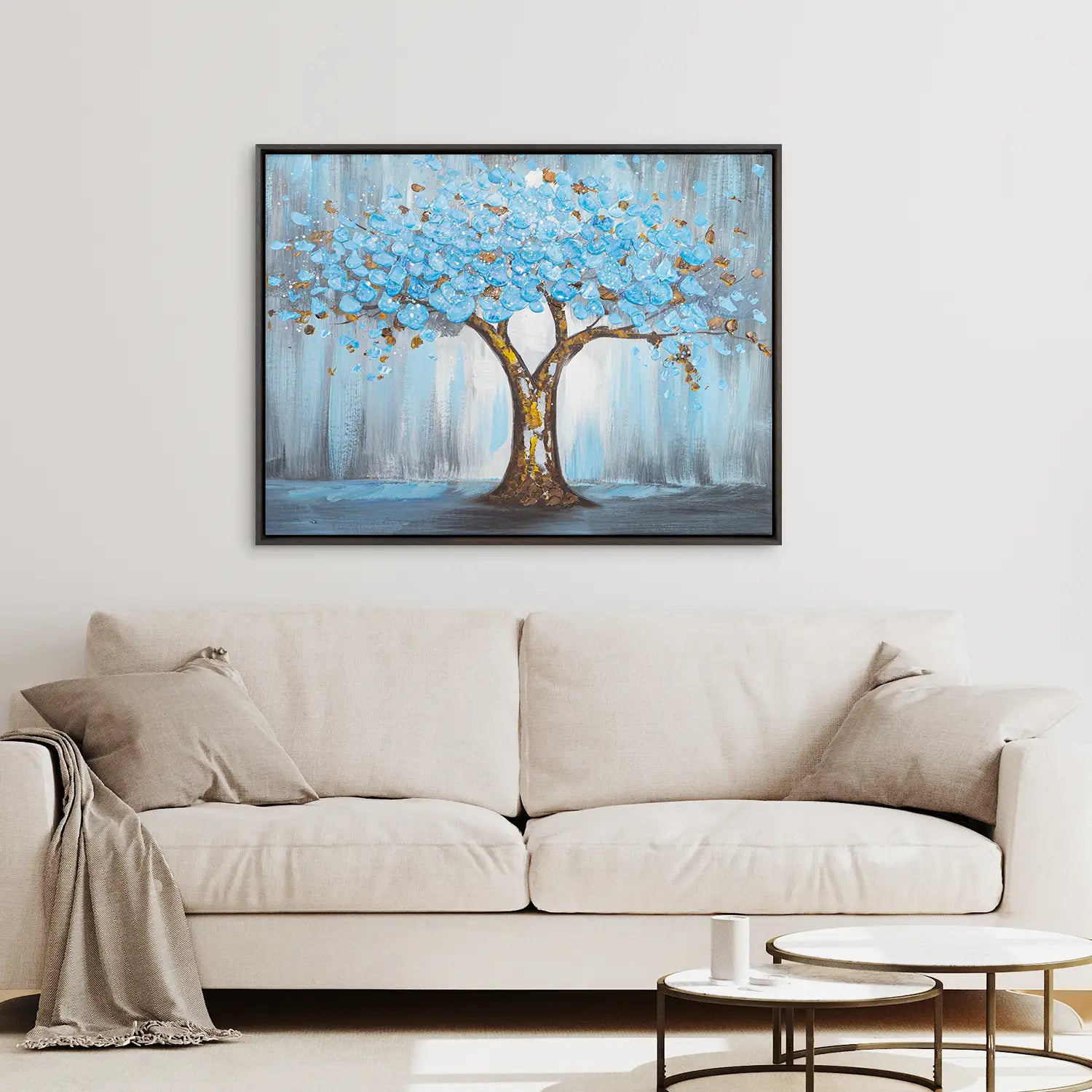 Leinwandbild 100x75 cm im Rahmen Eiche dunkel, handgemalt mit Acrylfarbe und Strukturpaste, abstrakter Baum der Natur – „Baum der Ewigkeit“