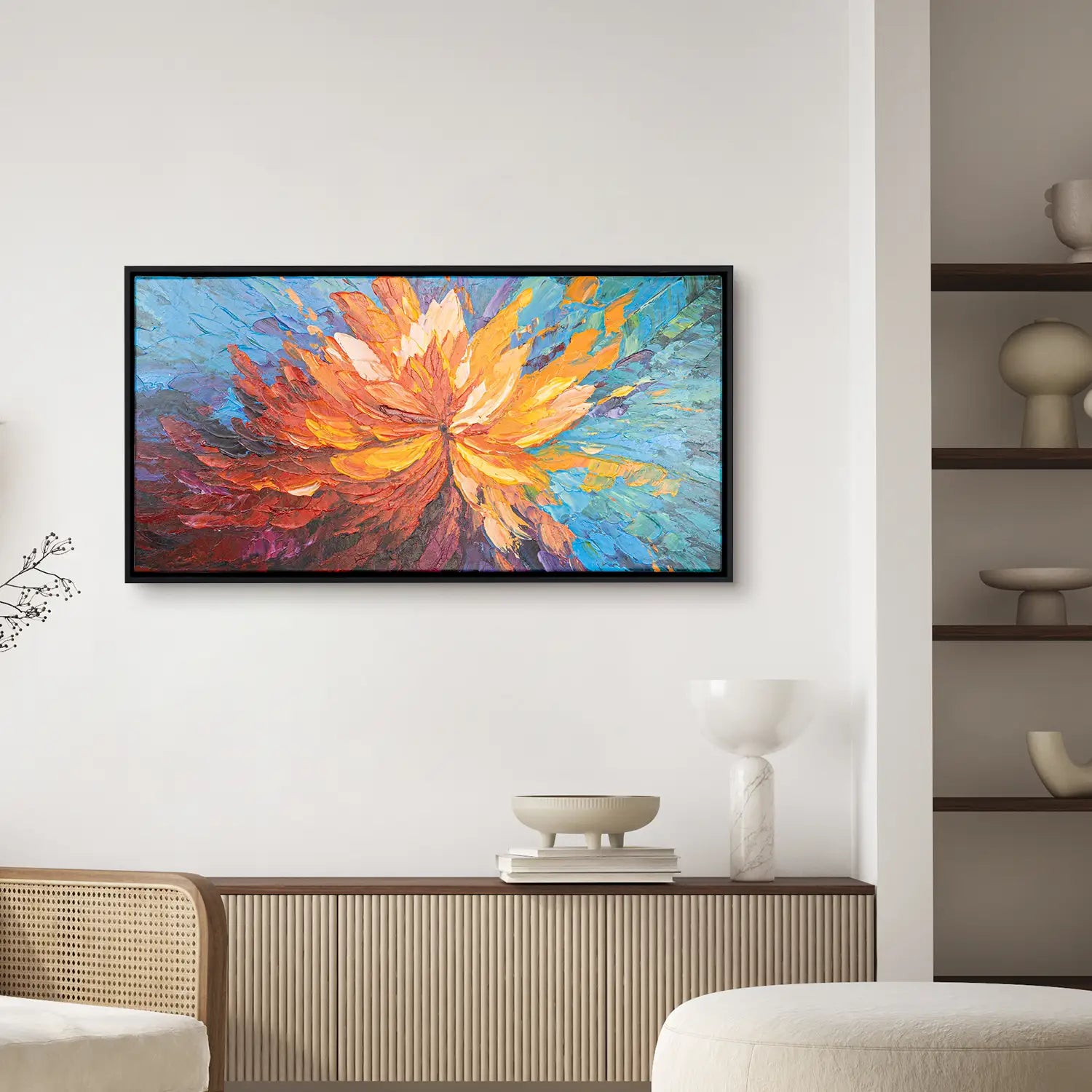 Leinwandbild handgemalt 100x50 cm im Schattenfugenrahmen Schwarz, moderne Explosion im Chaos – „Balance im Chaos“